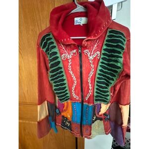 Happy Colors Nepal Boho Patchwork Zip Up Hoodie Red Floral Embroidery Razor Cut